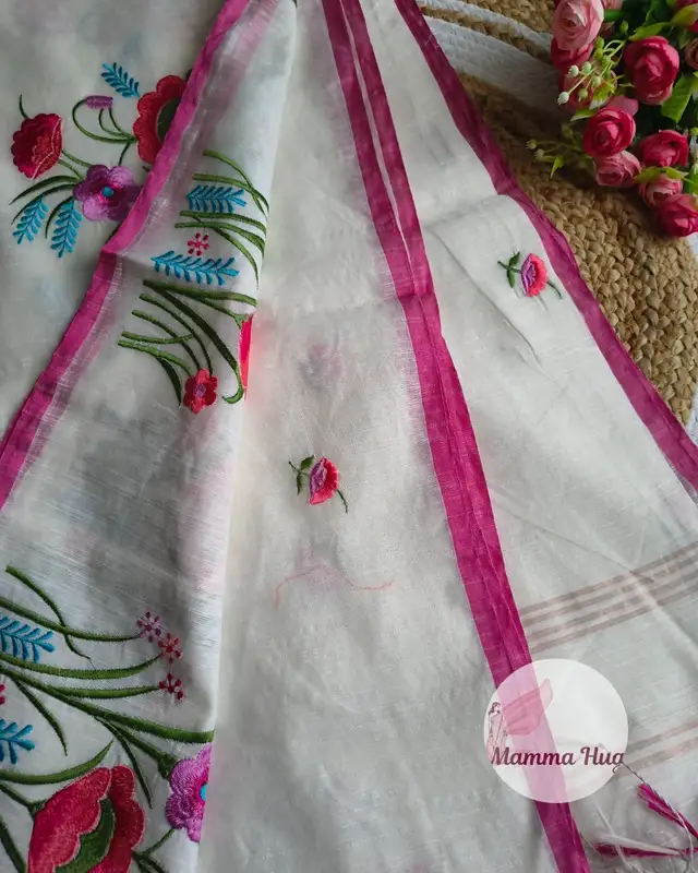 Floral Embroidery Handloom Saree - Slub Cotton - White & Pink