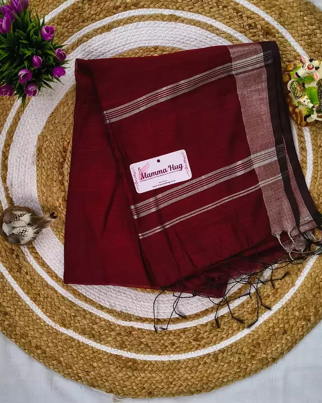 Silk Cotton Handloom Saree Silver Zari Border - Maroon