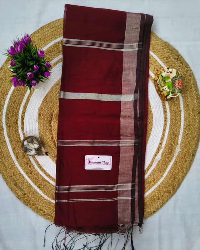 Silk Cotton Handloom Saree Silver Zari Border - Maroon