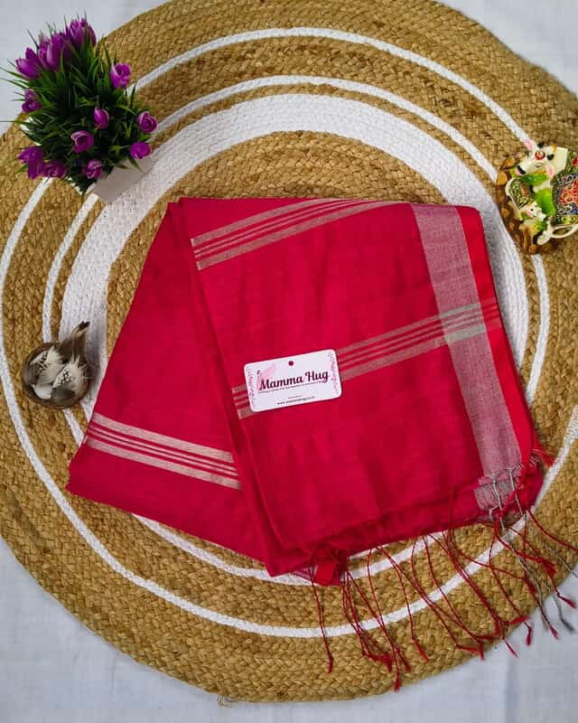 Silk Cotton Handloom Saree Silver Zari Border - Rani Pink