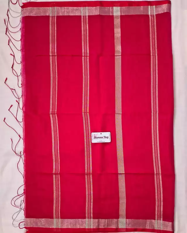 Silk Cotton Handloom Saree Silver Zari Border - Rani Pink