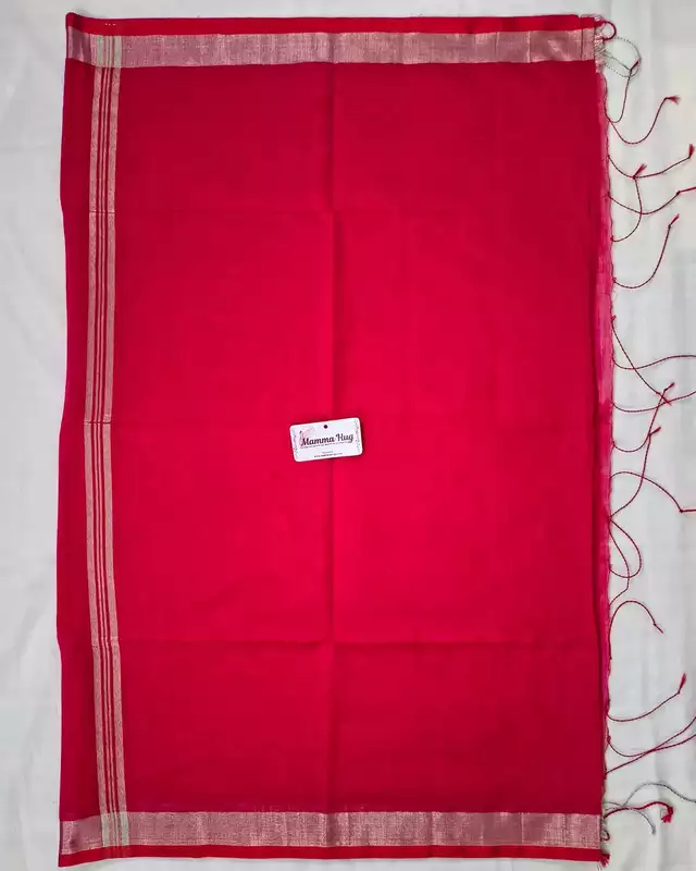 Silk Cotton Handloom Saree Silver Zari Border - Rani Pink