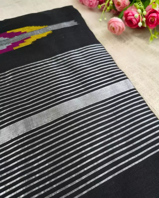 Silk Cotton Handloom Saree Woven with Silver Zari - Black