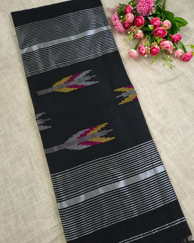 Silk Cotton Handloom Saree Woven with Silver Zari - Black
