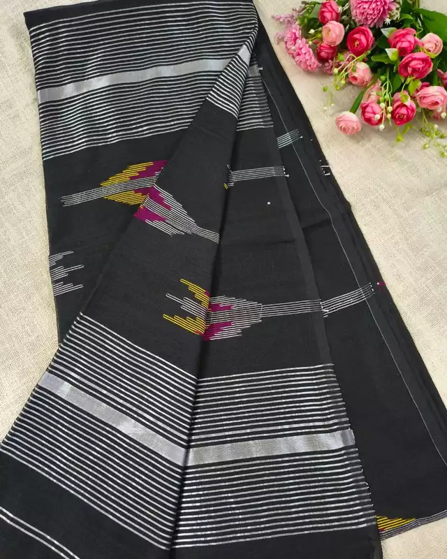 Silk Cotton Handloom Saree Woven with Silver Zari - Black