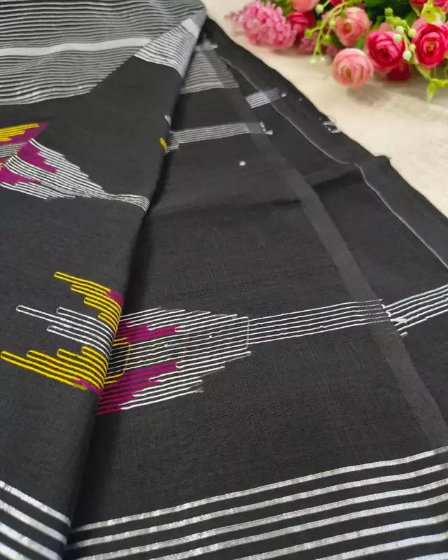 Silk Cotton Handloom Saree Woven with Silver Zari - Black