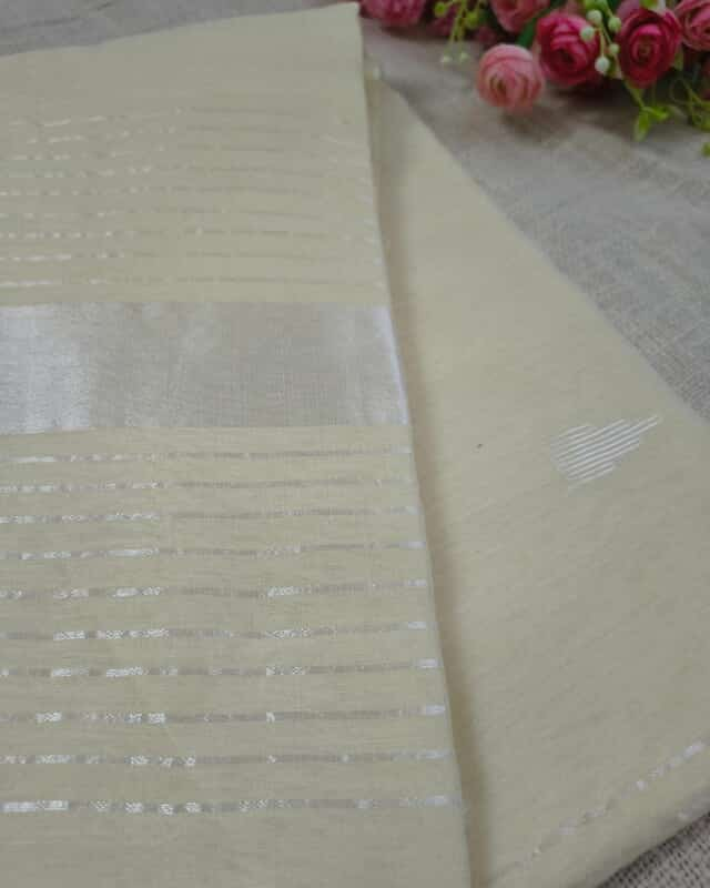 Silk Cotton Handloom Saree Woven with Silver Zari - Milk White