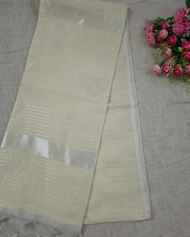Silk Cotton Handloom Saree Woven with Silver Zari - Milk White