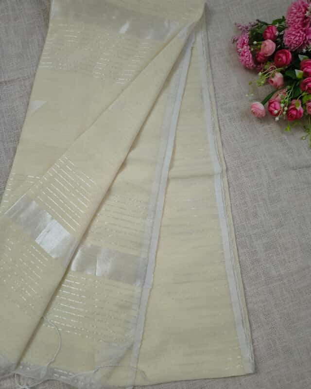 Silk Cotton Handloom Saree Woven with Silver Zari - Milk White