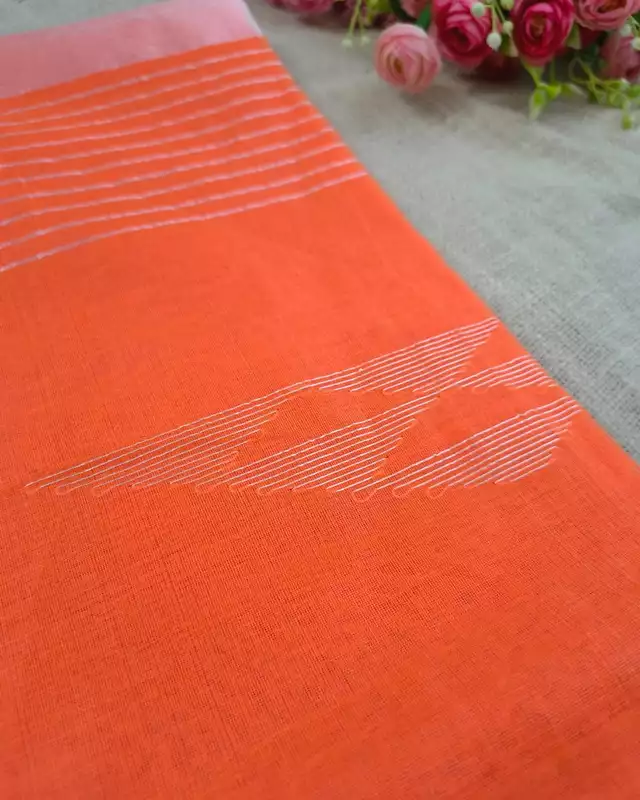 Silk Cotton Handloom Saree Woven with Silver Zari - Orange