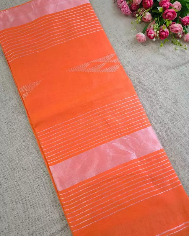 Silk Cotton Handloom Saree Woven with Silver Zari - Orange