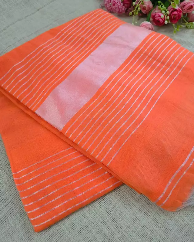 Silk Cotton Handloom Saree Woven with Silver Zari - Orange
