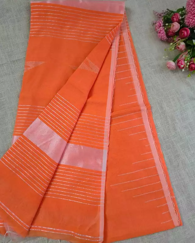 Silk Cotton Handloom Saree Woven with Silver Zari - Orange