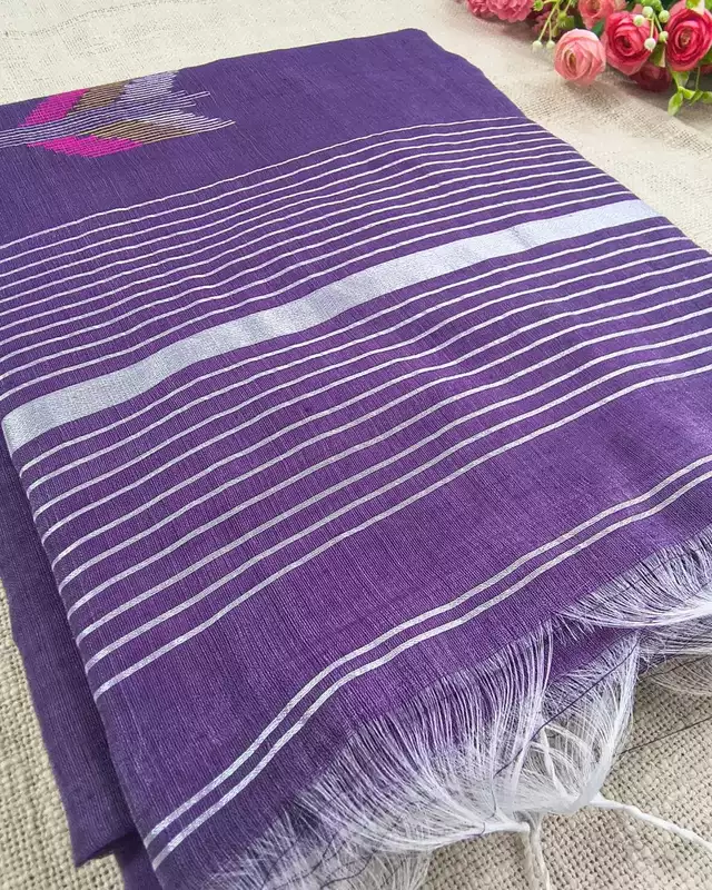 Silk Cotton Handloom Saree Woven with Silver Zari - Purple