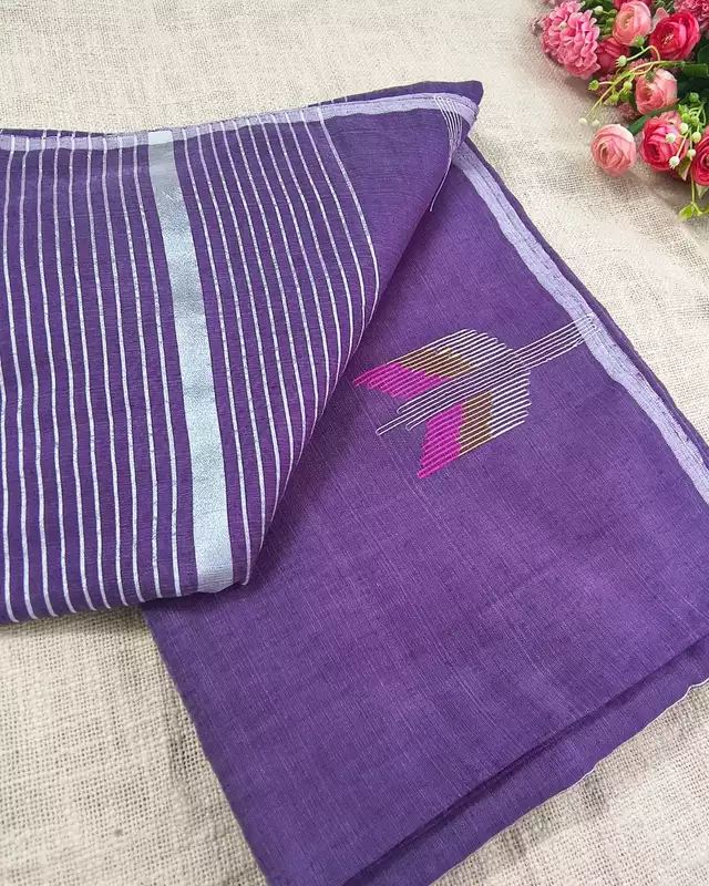 Silk Cotton Handloom Saree Woven with Silver Zari - Purple