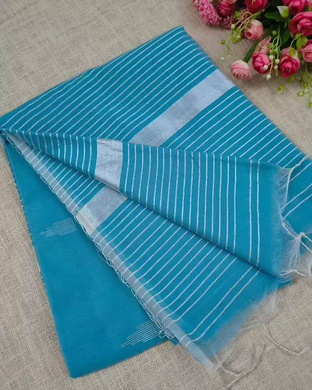 Silk Cotton Handloom Saree Woven with Silver Zari - Sky Blue
