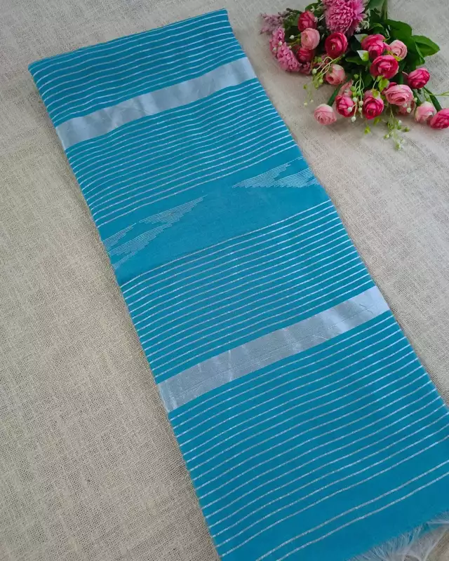 Silk Cotton Handloom Saree Woven with Silver Zari - Sky Blue