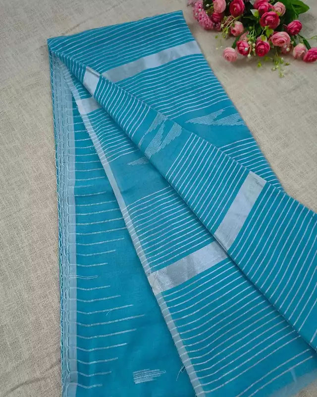 Silk Cotton Handloom Saree Woven with Silver Zari - Sky Blue