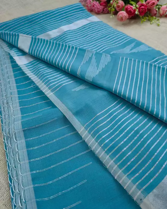 Silk Cotton Handloom Saree Woven with Silver Zari - Sky Blue