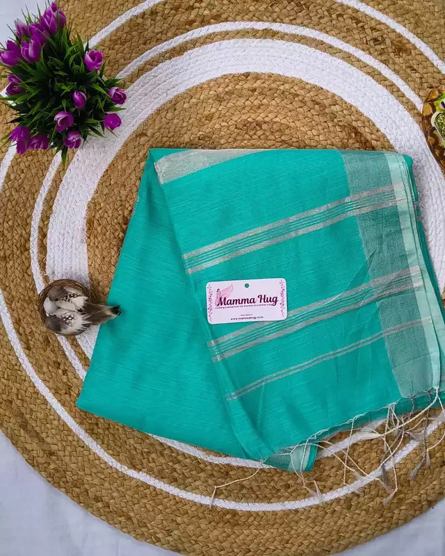 Silk Cotton Handloom Saree Silver Zari Border - Teal Green