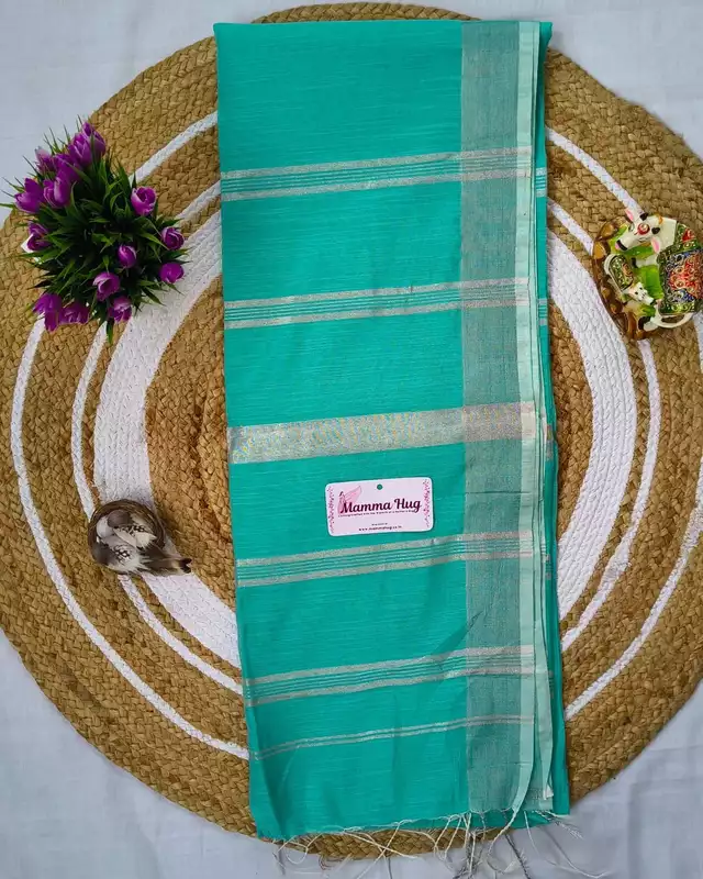 Silk Cotton Handloom Saree Silver Zari Border - Teal Green