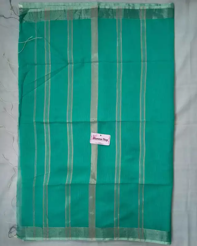 Silk Cotton Handloom Saree Silver Zari Border - Teal Green