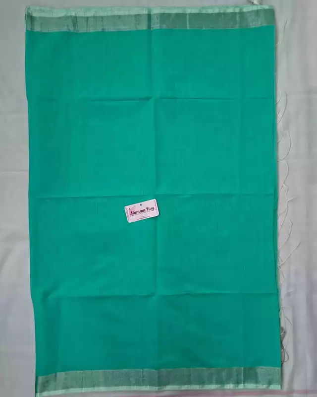 Silk Cotton Handloom Saree Silver Zari Border - Teal Green