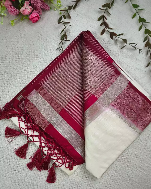Tussar Matka Silk Saree with Contrast Pallu - White