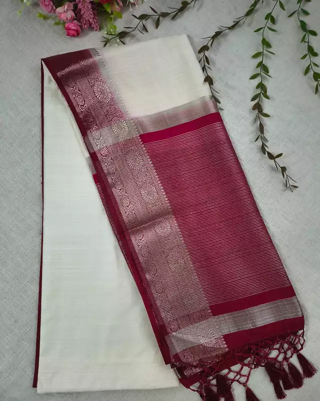 Tussar Matka Silk Saree with Contrast Pallu - White