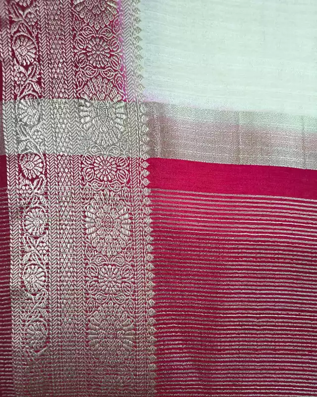 Tussar Matka Silk Saree with Contrast Pallu - White