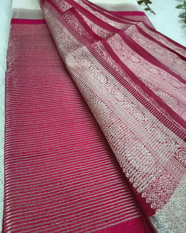 Tussar Matka Silk Saree with Contrast Pallu - White