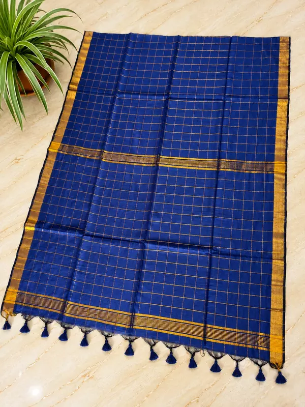 Traditional Big Checks Mul cotton with tassels - Navy Blue