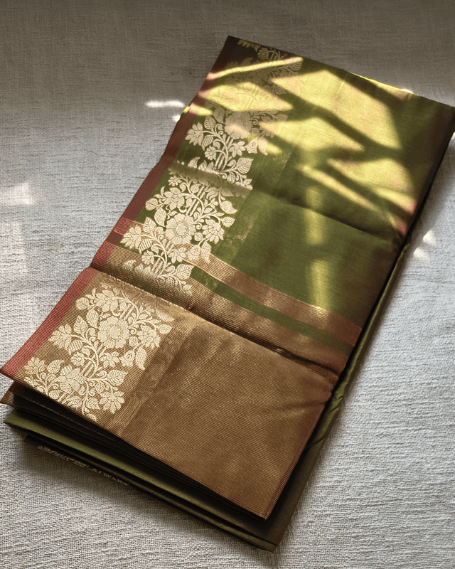 Maheshwari Silk Cotton Saree with Golden Floral Border - Olive Moss Green
