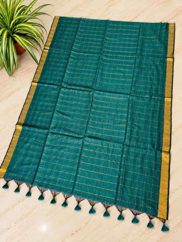 Traditional Big Checks Mul cotton with tassels - Teal Green