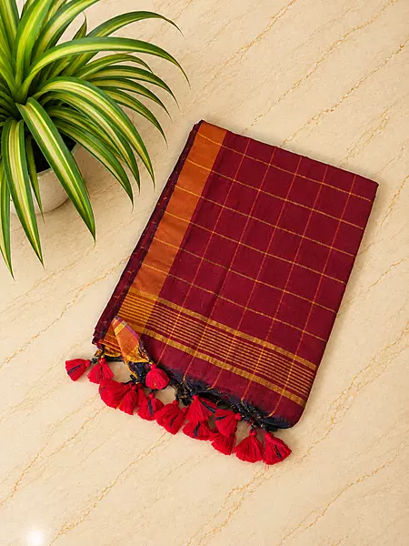 Traditional Big Checks Mul cotton with tassels - Crimson Red