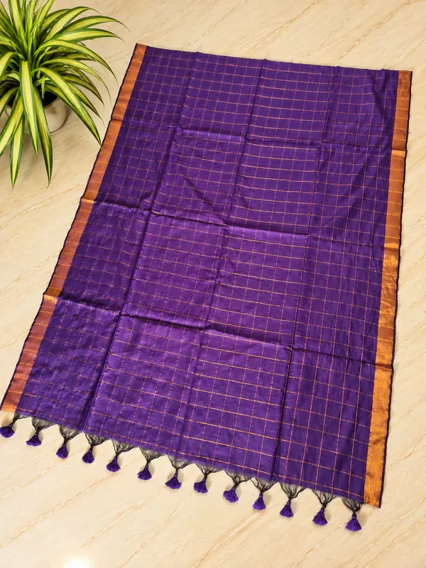 Traditional Big Checks Mul cotton with tassels - Deep Purple