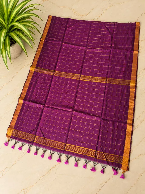 Traditional Big Checks Mul cotton with tassels - Purple