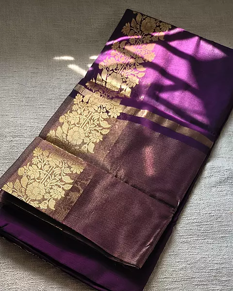 Maheshwari Silk Cotton Saree with Golden Floral Border - Wine Purple