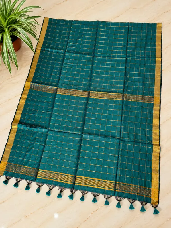 Traditional Big Checks Mul cotton with tassels - Teal Green