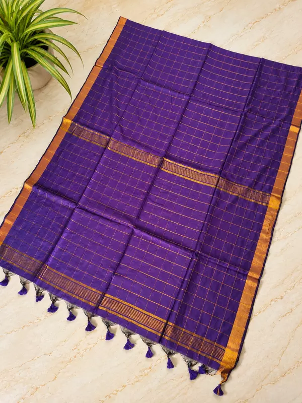 Traditional Big Checks Mul cotton with tassels - Deep Purple