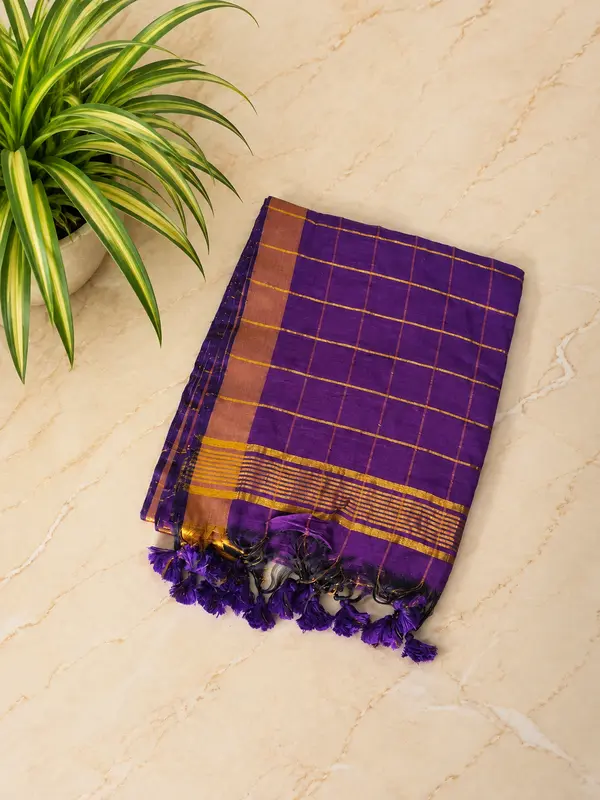 Traditional Big Checks Mul cotton with tassels - Deep Purple