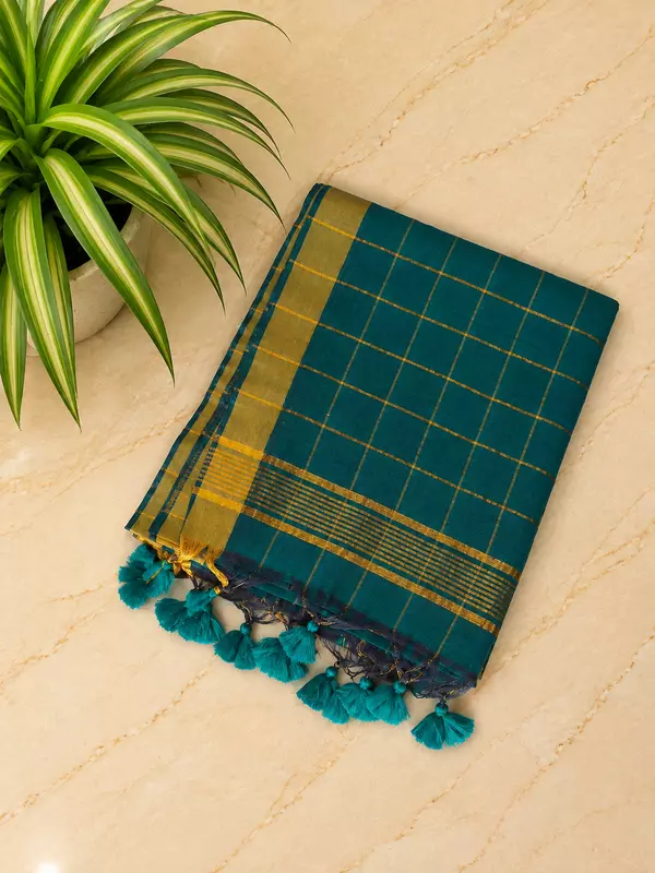 Traditional Big Checks Mul cotton with tassels - Teal Green