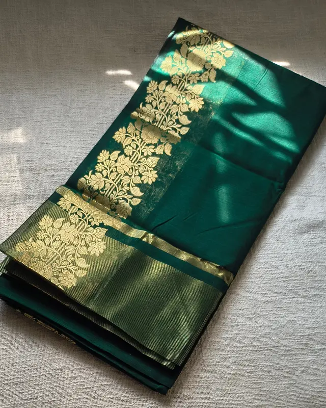 Maheshwari Silk Cotton Saree with Golden Floral Border - Bottle Green