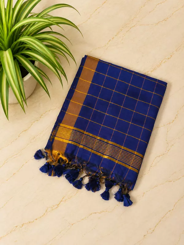Traditional Big Checks Mul cotton with tassels - Navy Blue