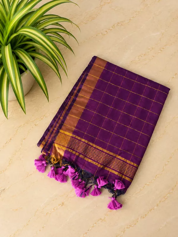 Traditional Big Checks Mul cotton with tassels - Purple