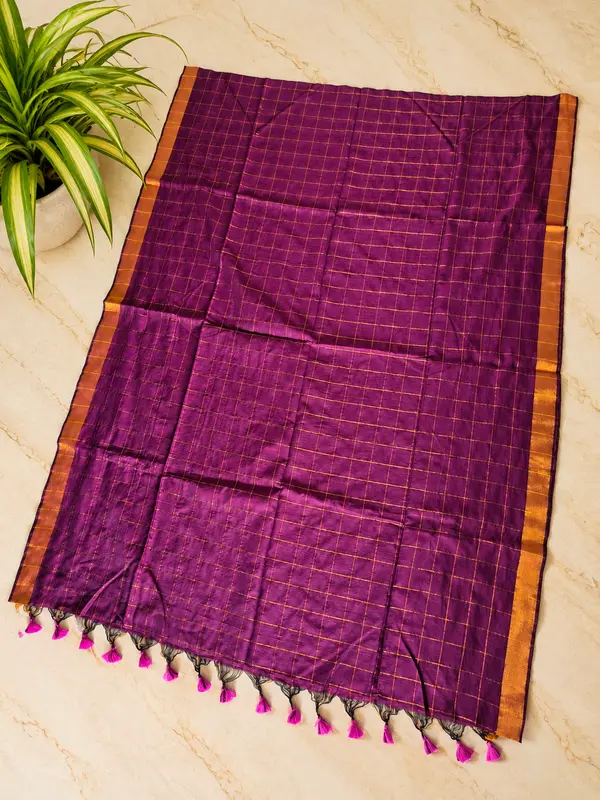 Traditional Big Checks Mul cotton with tassels - Purple