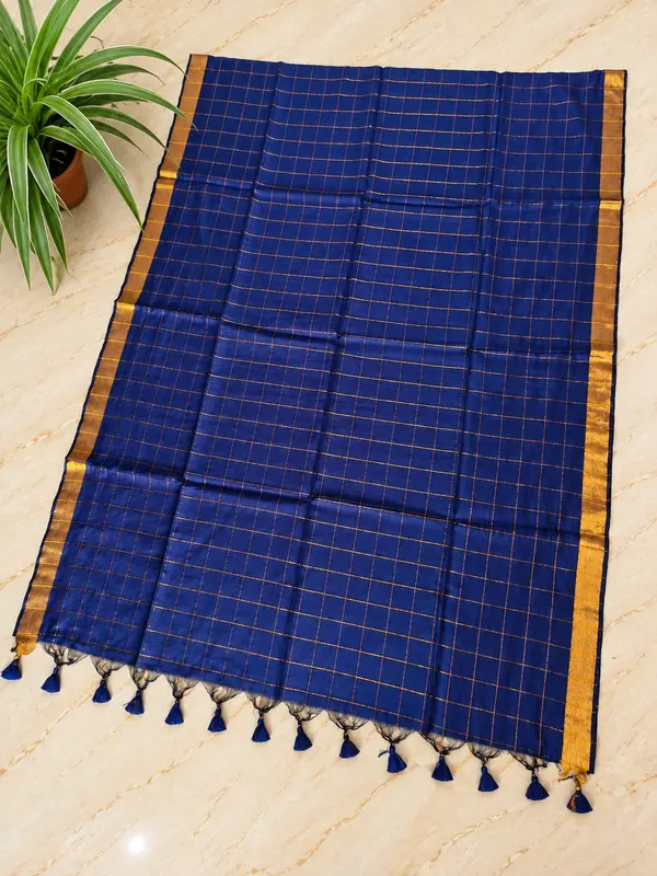Traditional Big Checks Mul cotton with tassels - Navy Blue